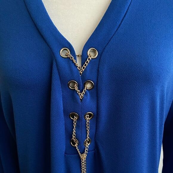 Jules & Leopold Royal Blue Chain Lace-Up Blouse | V-Neck, Roll Tab Sleeves | Siz - Picture 4 of 9